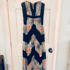 BCBG print & lace blocked strapless dress